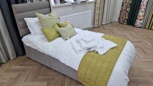 SINGLE DEVAN BED WITH MATTRESS, HEADBOARD, DUVET & PILLOWS, ALL LINEN, CUSHIONS, BED THROW AND TOWEL SET *** PLEASE NOTE: ASSETS ARE LOCATED HASLINGDEN, ROSSENDALE & WILL REQUIRE COLLECTION BY FRIDAY 11TH MAY - WINNING BIDDER WILL BE PROVIDED WITH FULL DE