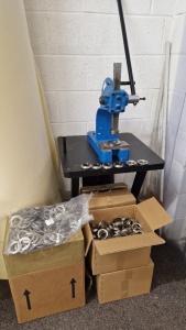 HAND OPERATED EYELET PRESS WITH 200 CHROME CURTAIN EYELETS *** PLEASE NOTE: ASSETS ARE LOCATED HASLINGDEN, ROSSENDALE & WILL REQUIRE COLLECTION BY FRIDAY 11TH MAY - WINNING BIDDER WILL BE PROVIDED WITH FULL DETAILS AFTER PAYMENT ON REQUEST ***