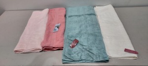 50 X BRAND NEW MIXED MUSBURY SUPERSOFT TOWELS IN VARIOUS SIZES AND COLOURS TO INCLUDE PINK / WHITE / TURQUOISE / ROSE - IN 2 BOXES