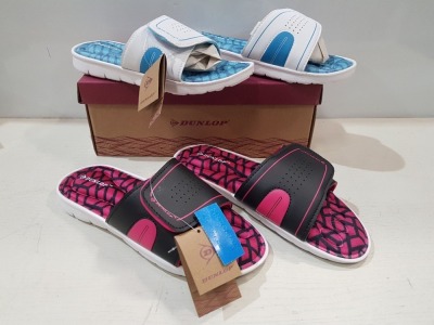 12 X BRAND NEW DUNLOP JAYNE ADJUSTABLE STRAP MEMORY FOAM SLIDERS ( DLP077) - IN BLACK AND PINK - WHITE AND BLUE IN VARIOUS SIZES TO INCLUDE UK 4 / 5 / 6 / 7 / 8 / 9 - IN 1 BOX RRP £ 24.99 - TOTAL RRP £ 299.88