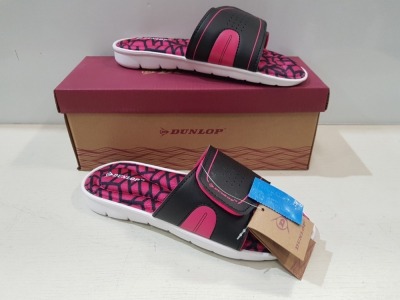 12 X BRAND NEW DUNLOP JAYNE ADJUSTABLE STRAP MEMORY FOM SLIDERS ( DLP077) - IN BLACK AND PINK 6 X SIZE UK 5 6 X SIZE UK 6 - IN 1 BOX RRP £ 24.99 - TOTAL RRP £ 299.88