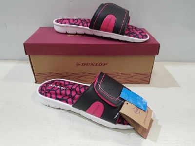 12 X BRAND NEW DUNLOP JAYNE ADJUSTABLE STRAP MEMORY FOAM SLIDERS ( DLP077) - IN BLACK AND PINK 6 X SIZE UK 5 6 X SIZE UK 6 - IN 1 BOX RRP £ 24.99 - TOTAL RRP £ 299.88