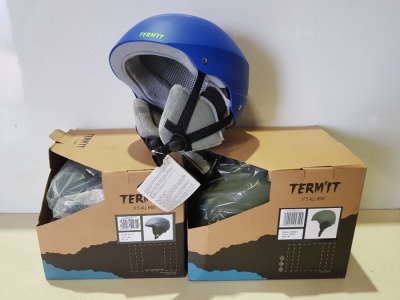 20 X BRAND NEW TERMIT SNOWBOARDING HELMETS IN GREY AND KHAKI AND BLUE SIZES XS-M (SOME BOXES MAYBE DAMAGED)