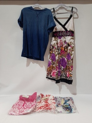 40 X PIECE MIXED LOT CONTAINING 22 PISTACHIO MIXED STYLES SUMMER DRESS IN SMALL AND MEDIUM , 10 THREADBARE MEN'S T SHIRTS IN INDIGO BLUE IN MIXED SIZES , 8 BRUNO GALI MEN'S LUXURY HATS IN BLACK (TOTAL RRP £890 ) IN TWO TRAYS - TRAYS NOT INCLUDED
