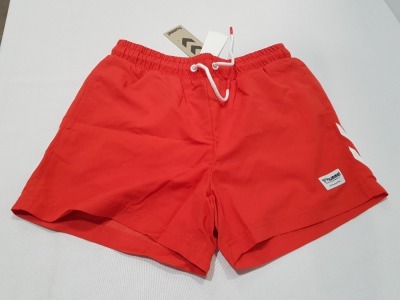 14 X BRAND NEW DESIGNER HUMMEL CLASSIC SWIM TRUNKS IN RED IN MIXED SIZES MENS( RRP £26 EACH- TOTAL £390) IN ONE TRAY- TRAY NOT INCLUDED