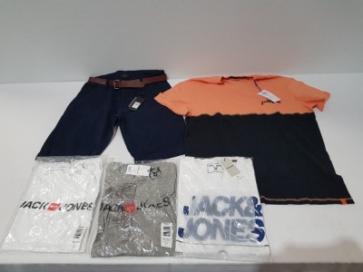 22 X BRAND NEW MIXED LOT CONTAINING 12 JACK AND JONES MIXED STYLES AND SIZES MENS T -SHIRTS, 10 SMITH AND JONES NAVY CHINO SHORTS WITH BELTS SIZE 30 WAIST (TOTAL RRP £394) IN ONE TRAY- TRAY NOT INCLUDED