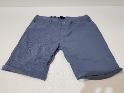 9 X BRAND NEW DESIGNER THREADBARE CHINO DENIM SHORTS IN POWDER BLUE SIZES INCLUDE 3 IN SIZE 30, 3 IN SIZE 32, 4 IN SIZE 36, (RRP £34.99 EACH- TOTAL £314.91) IN ONE TRAY- TRAY NOT INCLUDED