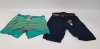 18 X BRAND NEW MIXED LOT CONTAINING 10 SOUTH SHORE SWIMMING SHORTS IN SIZE XL IN GREEN/ MULTI-COLOUR, 8 SMITH AND JONES NAVY CHINO SHORTS WITH BELTS IN SIZE 30 WAIST (TOTAL RRP £400) IN ONE TRAY- TRAY NOT INCLUDED