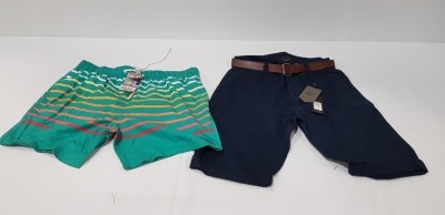 18 X BRAND NEW MIXED LOT CONTAINING 10 SOUTH SHORE SWIMMING SHORTS IN SIZE XL IN GREEN/ MULTI-COLOUR, 8 SMITH AND JONES NAVY CHINO SHORTS WITH BELTS IN SIZE 30 WAIST (TOTAL RRP £400) IN ONE TRAY- TRAY NOT INCLUDED