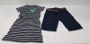 16 X BRAND NEW MIXED LOT CONTAINING 10 SMITH AND JONES NAVY CHINO SHORTS WITH BELT IN SIZE 30 WAIST, 6 REGATTA HAVILAH DRESSES IN MIXED SIZES COLOUR BLACK AND WHITE(TOTAL RRP £429)- IN ONE TRAY- TRAY NOT INCLUDED