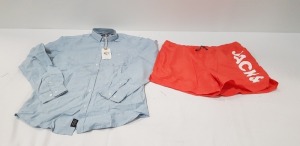 13 X BRAND NEW MIXED LOT CONTAINING 7 JACK AND JONES MENS SWIMMING SHORTS IN HOT CORAL IN MIXED SIZES, 6 MENS DESIGNER THREADBARE LIGHT BLUE LINEN SHIRTS (TOTAL RRP £313) IN ONE TRAY- TRAY NOT INCLUDED