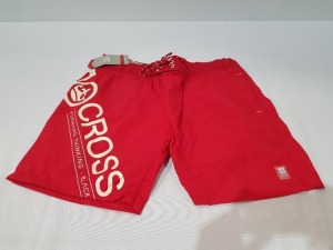 10 X BRAND NEW CROSSHATCH DESIGNER MESH LINED SWIM SHORTS WITH LOGO IN RED SIZE XL(RRP £25 EACH) IN ONE TRAY- TRAY NOT INCLUDED