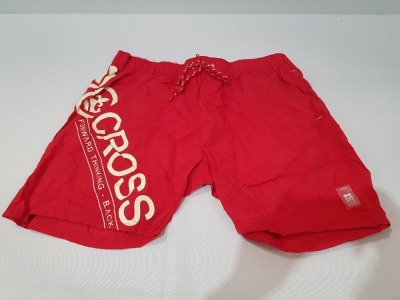 12 X BRAND NEW CROSSHATCH DESIGNER MESH LINED SWIM SHORTS WITH LOGO IN RED SIZES INCLUDE 6 LARGE, 6 XXL (RRP £25EACH- TOTAL £300) IN ONE TRAY- TRAY NOT INCLUDED