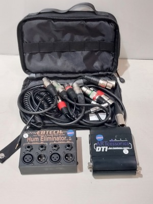 MISC AUDIO LOT IE. ARTCESSORIES DTI DUAL TRANSFORMER / ISOLATOR, ABTECH CHANNEL HUM ELIMINATOR XLR PLUS 6 MICROPHONE LEADS IN A CARRY CASE