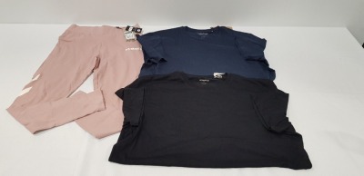13 X BRAND NEW MIXED LOT CONTAINING 8 JACK AND JONES MIXED SIZE T-SHIRTS IN BLACK AND NAVY- 5 LADIES DESIGNER HUMMEL HIGH WAISTED JOGGING BOTTOMS IN PINK SIZES INCLUDE 4 SIZE SMALL AND ONE SIZE LARGE (TOTAL RRP £270) IN ONE TRA- TRAY NOT INCLUDED