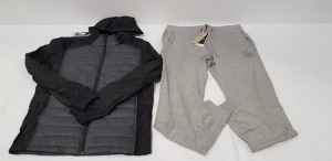 14 X BRAND NEW MIXED LOT CONTAINING 8 JACK AND JONES GREY JOGGING BOTTOM, SIZES INCLUDE 2 SMALL, 4 MEDIUM AND 2 LARGE- 6 THREADBARE DESIGNER LIGHTWEIGHT JACKETS IN BLACK, SIZES INCLUDE 1 MEDIUM, 5 LARGE, ( TOTAL RRP £499) IN ONE TRAY- TRAY NOT INCLUDED