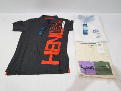 22 X BRAND NEW MIXED LOT CONTAINING 12 HENLEYS DESIGNER POLO PK T-SHIRTS IN SIZE XS- 6 IN GREY- 6 IN WHITE- 10 JACK AND JONES DENIM T-SHIRTS IN MIXED SIZES THIS INCLUDES ONE SMALL, TWO MEDIUM FOUR LARGE AND THREE EXL( TOTAL RRP £290) IN ONE TRAY- TRAY NOT