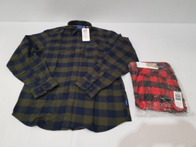 9 X BRAND NEW JACK AND JONES CHEQUERED SHIRTS IN RED AND BLACK AND GREEN AND BLACK IN MIXED SIZES( RRP £35 EACH- TOTAL £315) IN ONE TRAY- TRAY NOT INCLUDED