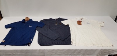 19 X BRAND NEW MIXED LOT CONTAINING 10 MIXED STYLE AND SIZES TOKYO LAUNDRY PK T-SHIRTS, 9 MENS DESIGNER KENSINGTON JUMPERS SIZES INCLUDE IN OAT GREY MARL 2 LARGE 3 XXLIN NAVY 1 LARGE 2 XL AND 1 XXL (TOTAL RRP £458) IN TWO TRAYS- TRAYS NOT INCLUDED