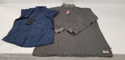 12 X BRAND NEW MIXED LOT CONTAINING 6 MENS LINEN BLEND DISTANT SHIRT IN DEEP BLUE SIZES INCLUDE 4 SMALL 2 MEDIUM, 6 D555 POLO PK TOPS IN GREY SIZE XXXL ( TOTAL RRP £386 IN ONE TRAY- TRAY NOT INCLUDED