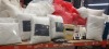 40 + BRAND NEW BEDDING LOT CONTAINNG SUPER LIGHTWEIGHT LUXURY DUVET KING SIZED - F.R SOURCE 5 DOUBLED BED 10.5 TOG - MUSBURY BEDDING FITTED SHEET DOUBLE BED SIZE IN YELLOW WHITE AND NAVY BLUE - MULTIPLE CUSHIONS IN VARIOUS SIZES ETC ON A FULL BAY