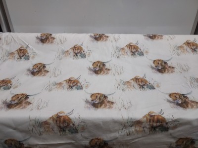 1 X EMBROIDED CURTAIN FABRIC - 20 M - HIGHLAND COW DESIGN ON WHITE BACKGROUND - RRP PER METRE £17.99