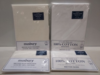 120 X PIECE BRAND NEW MIXED BEDDING LOT CONTAINING MULTIPLE MUSBURY MIXED SINGLE AND DOUBLE FLAT BED SHEETS IN CRÈME- LUXURY PERCALE 100% COTTON ONE PAIR PILLOW CASES HOUSEWIFE STYLE 19 X 29- MUSBURY PAIRS OF SUPERKING PILLOWCASES IN CRÈME 19 X 36 IN THRE
