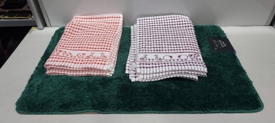 120 X BRAND NEW MIXED LOT CONTAINING ALLURE MICROFIBRE BATH RUGS IN DIFFERENT SHADES OF GREEN - MULTIPLE PILLOWCASES IN VARIOUS COLOURS IN CHEQUERED STYLE - TEA TOWELS BY MUSBURY FABRICS IN RED, BLUE, PURPLE AND YELLOW- VICTORIA LONDON HAND TOWELS IN VARI