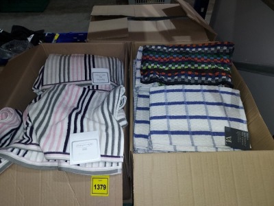 150 X DEYONGE LARGE SUPER ABSORBENT TEA TOWELS 50CM X 70CM IN VARIOUS COLOURS AND STYLES- IN TWO LARGE BOXES