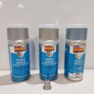 120 X BRAND NEW HYCOTE DOUBLE ACRYLIC CONCENTRATED PAINT IN BMW LIQUID BLUE METALIC - FORD TECTONIC SILVER - KIA SPARKLING SILVER ETC 150ML