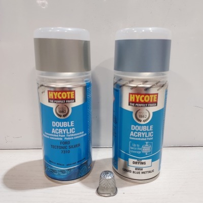 120 X BRAND NEW HYCOTE DOUBLE ACRYLIC CONCENTRATED PAINT IN BMW LIQUID BLUE METALIC - FORD TECTONIC SILVER 150ML