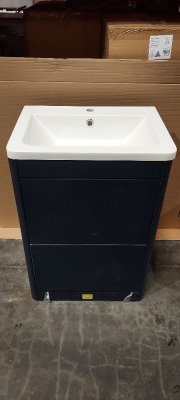 4 X BRAND NEW BATH STORE LUCCA FLOOR STANDING 2 DRAWER VANITY UNIT WITH SOFT CLOSE - IN INDIGO MATT (BS4102/462) - WITH MATCHING 4 X BRAND NEW ELATION 600 GELSTONE BASINS (CODE 849 )