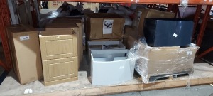 13 PIECE MIXED BATHROOM LOT CONTAINING AQUACHIC 500 WC UNITS - IN NATURAL OAK COLOUR / ELATION 700 VANITY UNIT- PEARL GREY / RK KIYO 700 UNIT IN BORDOLINO OAK ETC - ON A FULL BAY