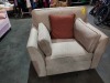 1 X BRAND NEW ARM CHAIR IN LIGHT BROWN/ GREY