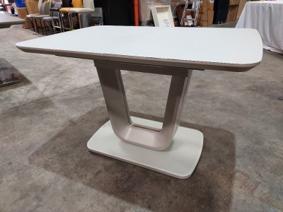 1 X EXTENDABLE LAZZARO DINING TABLE IN LIGHT GREY - 120/160 CM- NOTE CUSTOMER RETURNS ( CHIP ON EDGE AND MARKS ON TABLE TOP )