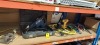 1 X MIXED TOOL LOT CONTAINING 1X POWERCRAFT HEAVY DUTY HAMMERJACK, 1 X DEWALT CORDLESS DRILL WITH BATTERY AND CHARGER, VARIOUS G CLAMPS, 1 X ELECTRIC AIR HEATER ETC ON A FULL SHELF