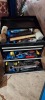 6 PIECE MIXED LOT CONTAINING SILVERLINE PLATFORM TROLLEY /240 V CONNECTION TESTER / TOOL BOX FULL OF VARIOUS HAND TOOLS TO INCLUDE HAMMERS / SCREWDRIVERS / ALLEN KEYS / SPANNERS / HOLE BLADES / 2 SEGREATION UNITS WITH 12 TRAYS EACH / 1 X BRAND NEW FOX F5 - 2