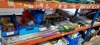 FULL SHELF MIXED LOT CONTAINING LAMINATE FLOOR PRY BARS / SOLID SURFACE ADHEASIVE / HAND SAWS / HAMMER DRILL / WOODEN HAMMER / SILVERLINE PAINT BRUSHES / HIGH DENSITY CHOPPING BOARDS / JIG CLAMPS / METAL SPADE HEAD / VARIOUS GALVINISED NAILS / C CLAMPS /