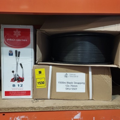 3 X BRAND NEW MIXED LOT CONTAINING 1 PRO - SERIES B12 COMBINATION TOOL FOR POLYPROP STRAPPING, 2 ROLLS OF 1500M BLACK STRAPPING 12X 76MM SKU 5501