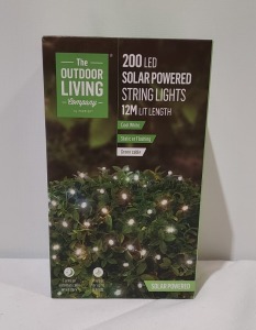 48 X BRAND NEW PREMIER 200 LED SOLAR POWERED STRING LIGHTS - 12M LIT LENGTH IN COOL WHITE WITH TWO SETTINGS- STATIC OR FLASHING WITH GREEN CABLE