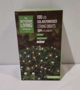 47 X BRAND NEW PREMIER 100 LED SOLAR POWERED STRING LIGHTS - 10M LIT LENGTH IN COOL WHITE WITH TWO SETTINGS- STATIC OR FLASHING WITH GREEN CABLE