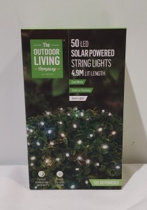 47 X BRAND NEW PREMIER 50 LED SOLAR POWERED STRING LIGHTS - 4.9M LIT LENGTH IN COOL WHITE WITH TWO SETTINGS- STATIC OR FLASHING WITH GREEN CABLE