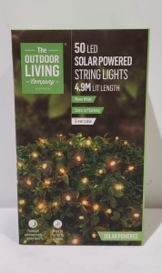 47 X BRAND NEW PREMIER 50 LED SOLAR POWERED STRING LIGHTS - 4.9M LIT LENGTH IN WARM WHITE WITH TWO SETTINGS- STATIC OR FLASHING WITH GREEN CABLE