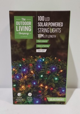 43 X BRAND NEW PREMIER 100 LED SOLAR POWERED STRING LIGHTS - 10M LIT LENGTH IN MULTICOLOURS WITH TWO SETTINGS- STATIC OR FLASHING WITH GREEN CABLE