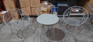 4 X PIECE BRAND NEW PREMIER MIXED GARDEN LOT CONTAINING THREE RETRO METAL GARDEN CHAIRS AND ONE TABLE IN GREY ( NOTE TABLE SOME MARKS AND DENTS) - ( LOAD 3 PALLET 2)