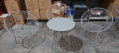 4 X PIECE BRAND NEW PREMIER MIXED GARDEN LOT CONTAINING THREE RETRO METAL GARDEN CHAIRS AND ONE TABLE IN GREY ( NOTE TABLE SOME MARKS AND DENTS) - ( LOAD 3 PALLET 2)