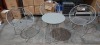 4 X PIECE BRAND NEW PREMIER MIXED GARDEN LOT CONTAINING THREE RETRO METAL GARDEN CHAIRS AND ONE TABLE IN GREY ( NOTE TABLE SOME MARKS AND DENTS) - ( LOAD 3 PALLET 2)