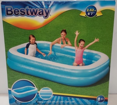 9 X BRAND NEW BESTWAY 103 SPLASH AND PLAY LARGE FAMILY POOL - INFLATABLE SWIMMING POOL - WIDTH 1.75 M X LENGTH 2.62M X HEIGHT 51 CM IN THREE BOXES - RRP £39.99 EACH