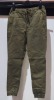 25 X BRAND NEW MENS ARMY GREEN CUFF TROUSERS - 9 IN SIZE 30R - 6 IN 32R - 5 IN 28R- 3 IN 34R - 2 IN 36R IN TWO BOXES