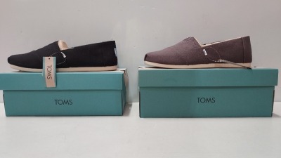 7 X BRAND NEW PAIRS OF TOMS ALPARGATA SHOES - 6 IN BLACK RECYCLED COTTON CANVAS - 4 IN SIZE UK 10 - 1 IN SIZE UK 11 - 1 IN SIZE UK 9 - 1 ASH RECYCLED COTTON CANVAS IN UK SIZE 11